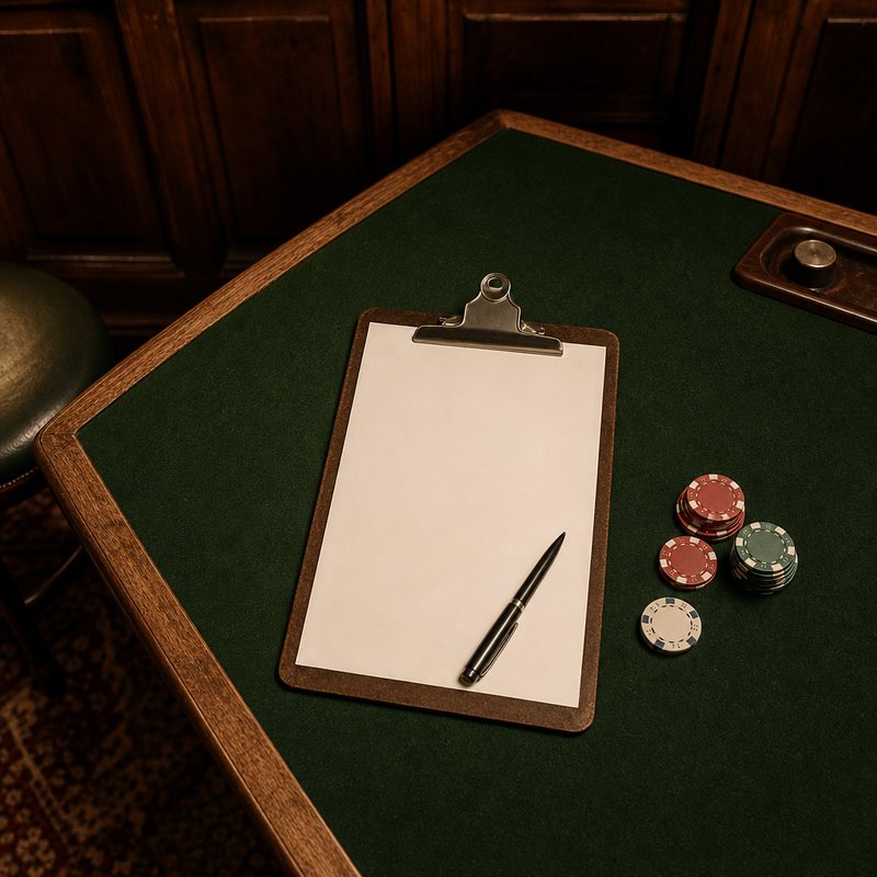 Klemmbrett mit Papier und Pokerchips auf grünem Filz