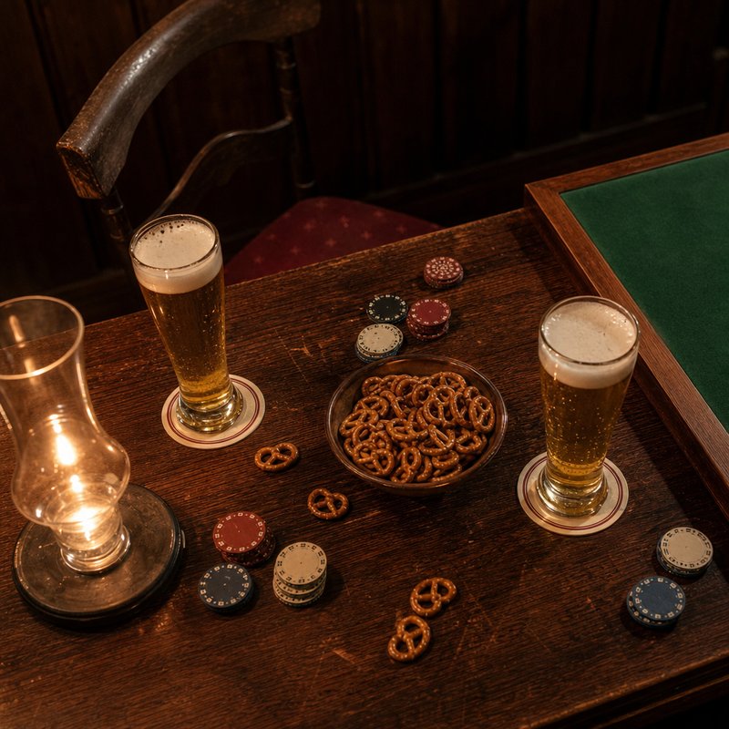 Bier, Brezeln und Pokerchips auf einem Vereinsheim-Tisch