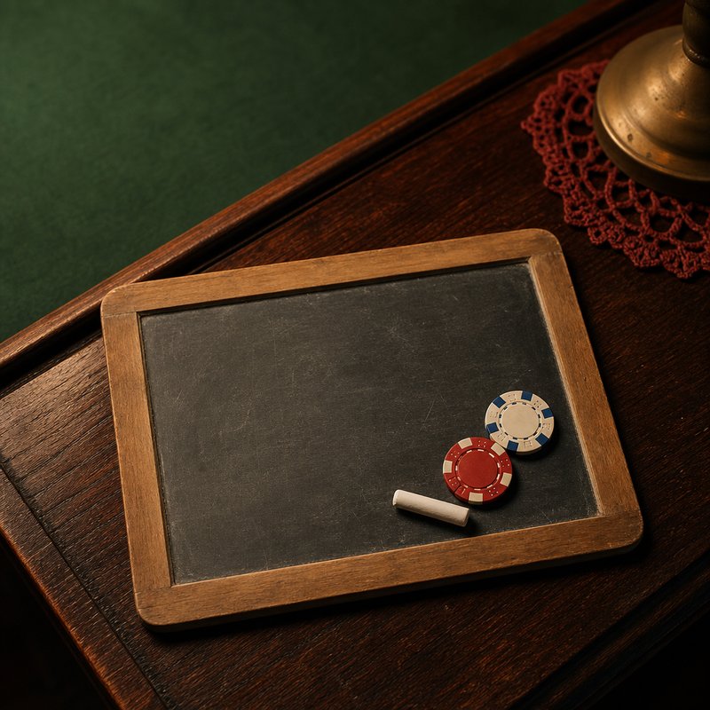 Kreidetafel mit Kreide und Pokerchips auf Holz