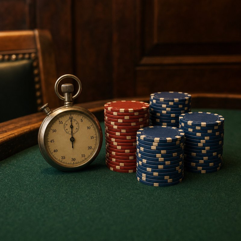 Stoppuhr neben Chip-Türmen auf dem Pokertisch
