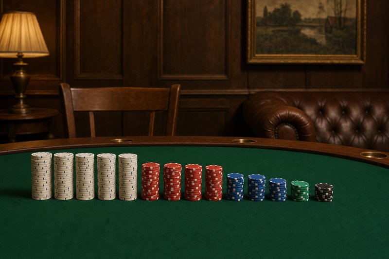 Pokerchips nach Werten sortiert in Stapeln auf grünem Filz